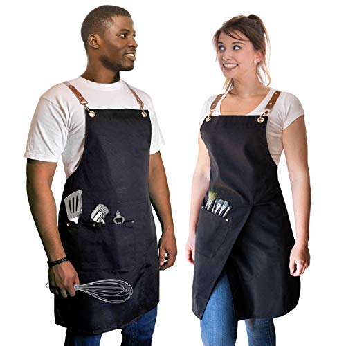 Cooking Apron for Men Women - Professional Bid Adjustable Waterdrop Resistant Canvas Chef Apron with 2 Pockets - Kitchen BBQ Grill - Black