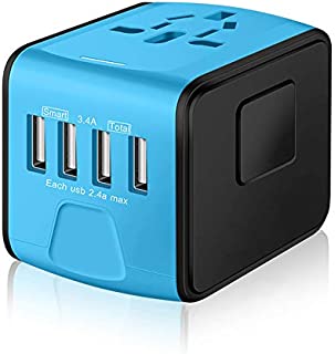 SAUNORCH Universal International Travel Power Adapter W/Smart High Speed 2.4A 4xUSB Wall Charger, European Adapter, Worldwide AC Outlet Plugs Adapters for Europe, UK, US, AU, Asia-Blue