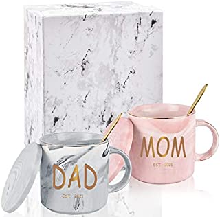 Dad and Mom Marble Coffee Mug Set Est 2021 New Mom and Dad Mug Gifts for New and Expecting Parents to Be Coffee Cup 12 Oz with Gift Box and Card