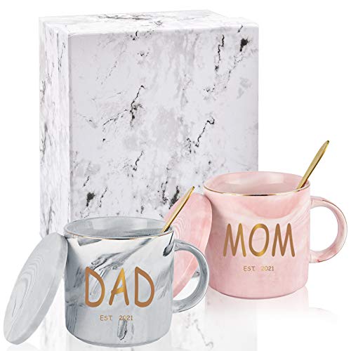 Dad and Mom Marble Coffee Mug Set Est 2021 New Mom and Dad Mug Gifts for New and Expecting Parents to Be Coffee Cup 12 Oz with Gift Box and Card