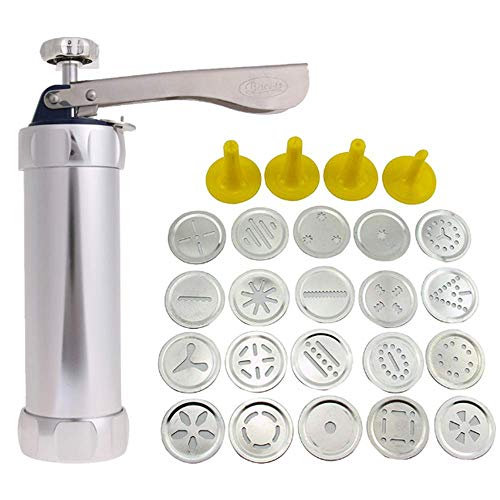 IETONE Spritz Cookie Press Gun Kit - 20 Stainless Steel Disc Shapes Cookies Maker Set and 8 Icing Tips for your Cake Decorating ease -Biscuit Maker Cake Dessert Rings