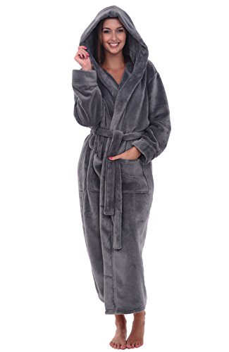 Alexander Del Rossa Women's Plush Fleece Robe with Hood, Warm Bathrobe Small-Medium Steel Gray (A0116STLMD)