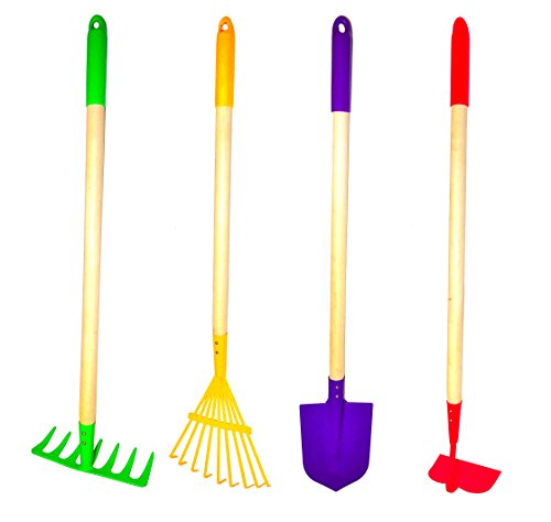 G & F Products JustForKids Kids Garden Tool Set Toy, Rake, Spade, Hoe and Leaf Rake, reduced size, 4-Piece