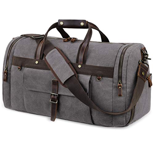 Travel Duffel Bag Waterproof Duffle Bags for Men Oversized Genuine Leather Carryon Weekend bag Canvas Overnight Bag Grey