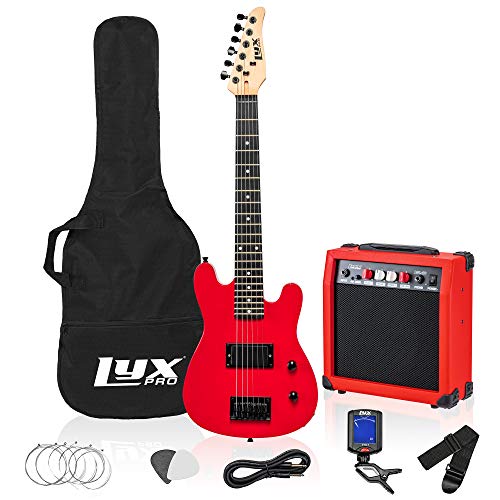 LyxPro 30 Inch Electric Guitar and Starter Kit for Kids with 3/4 Size Beginners Guitar, Amp, Six Strings, Two Picks, Shoulder Strap, Digital Clip On Tuner, Guitar Cable and Soft Case Gig Bag - Red