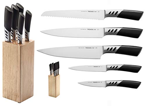 TRENDS Home 6 Pc Premium Kitchen knife set with block is a Double Forged German Stainless Steel knife set. This Kitchen knives set is UltraSharp and a Chef Quality Knife Sets with block for everyday.