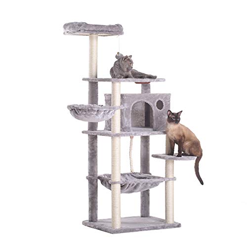 Hey-Brother Extra Big Cat Tree with Feeding Bowl, Cat Condos with Sisal Poles, Hammock and Cave, Padded Platform, Climbing Tree for Cats, Anti-toppling Devices (Light Gray) MPJ022W