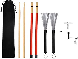 Drum Sticks Set Included 1 Pair 5A Maple Wood Drum Sticks, 1 Pair Drum Wire Brushes Retractable Drum Stick Brush, 1 Pair Rods Drum Sticks and 2 Pack Drum Keys in Storage Bag for Jazz, Folk