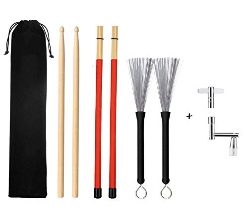 Drum Sticks Set Included 1 Pair 5A Maple Wood Drum Sticks, 1 Pair Drum Wire Brushes Retractable Drum Stick Brush, 1 Pair Rods Drum Sticks and 2 Pack Drum Keys in Storage Bag for Jazz, Folk