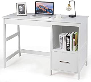 Tangkula 47.5 Computer Desk with 2 Storage Drawers, Small Computer Table Study Writing Desk, Modern Home Office Desk Study Desk with Storage Space (White)