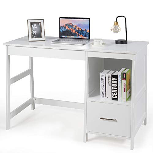 Tangkula 47.5 Computer Desk with 2 Storage Drawers, Small Computer Table Study Writing Desk, Modern Home Office Desk Study Desk with Storage Space (White)