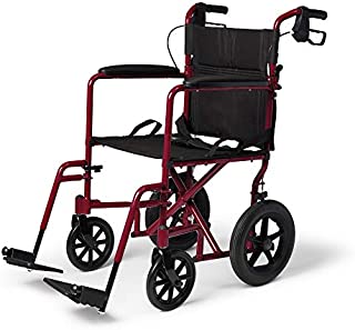 Medline Lightweight Transport Wheelchair with Handbrakes, Folding Transport Chair for Adults has 12 inch Wheels, Red