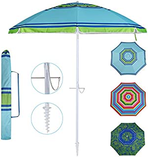 YATIO-7ft Beach Umbrella with Sand Anchor Sand Screw, Tilt, Windproof, Sun Protection SPF/UPF100+, Blue/Green Stripe