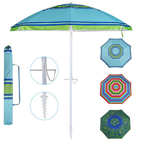 YATIO-7ft Beach Umbrella with Sand Anchor Sand Screw, Tilt, Windproof, Sun Protection SPF/UPF100+, Blue/Green Stripe