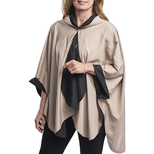 RainCaper Rain Poncho for Women - Ultrasoft Hooded Reversible Fashion Colors (Black & Camel) Rain Rolls Right Off!