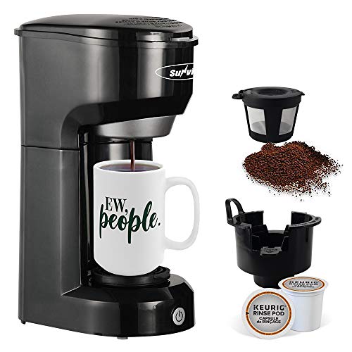 Single Serve Coffee Maker, Single Cup Coffee Maker for Most Capsule Pod Ground Coffee, Coffee Machine with Permanent Filter 6-14oz Reservoir One-Touch Button 1000W Fast Brew & Auto Shut Off, Black