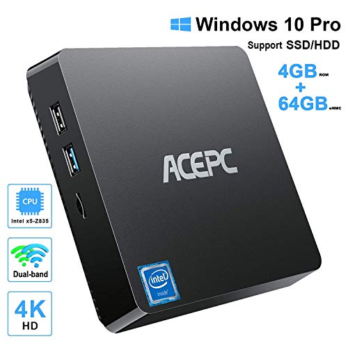 Mini PC Intel Atom Z8350 Windows 10 Pro Mini Computer 4GB DDR 64GB eMMC,Support 4K HD,2.4G/5G WiFi AC, 2.5 inch SSD,Bluetooth,1000Mbps Ethernet