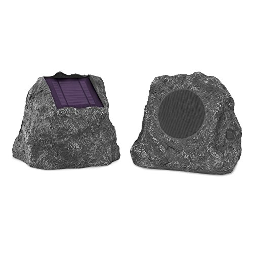 Innovative Technology Premium 5-Watt Bluetooth Outdoor Rock Speakers with A/C Adaptor, Built In Rechargeable 5200mAh Battery and Solar Panels, Pair, Charcoal