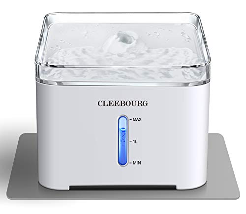 CLEEBOURG Cat Water Fountain, 2L Automatic Dog Water Dispenser Electric Water Drinking Fountain with 3 Flow Settings & 2 Replacement Filters & 1 Silicone Mat for Cats Dogs Multiple Pets