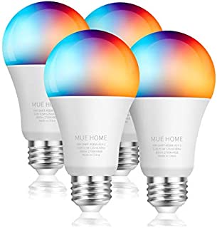 Smart WiFi 2.4 Ghz (NOT 5 Ghz) A19 Light Bulb, Dimmable LED + RGB Multicolor Changing, Work with Alexa, Google Home (No Hub Required), E26 Base 9.5W, UL Listed by Mue Home, 4 Pack