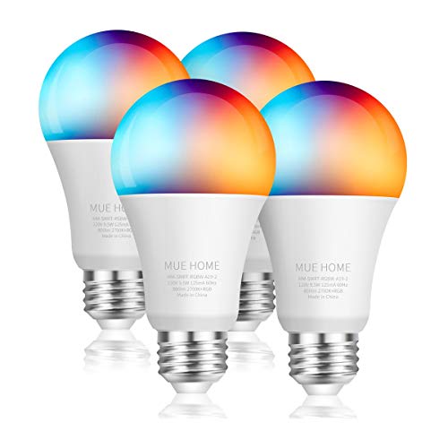 Smart WiFi 2.4 Ghz (NOT 5 Ghz) A19 Light Bulb, Dimmable LED + RGB Multicolor Changing, Work with Alexa, Google Home (No Hub Required), E26 Base 9.5W, UL Listed by Mue Home, 4 Pack