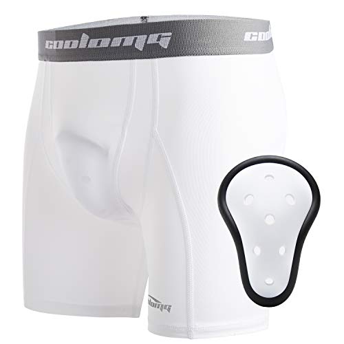 COOLOMG Athletic Cups Youth Boys Padded Sliding Shorts with Protective Cup Gear Baseball Football 7V7 MMA Lacrosse Field Hockey White L