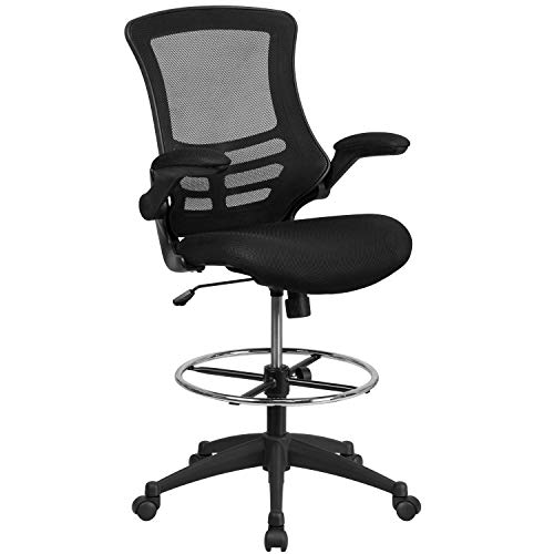 Flash Furniture Mid-Back Black Mesh Ergonomic Drafting Chair with Adjustable Foot Ring and Flip-Up Arms