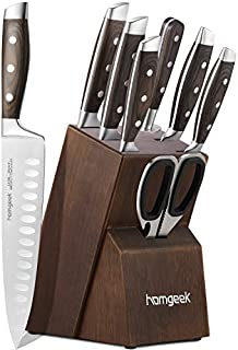 Kitchen Knife Set 8 Piece with Oak Wooden Block Sharpener and Pakkawood Handle, homgeek High Carbon 1.4116 Stainless Steel Professional Sharp Knife Block Set Chef Knife set Forged, Full-Tang Design