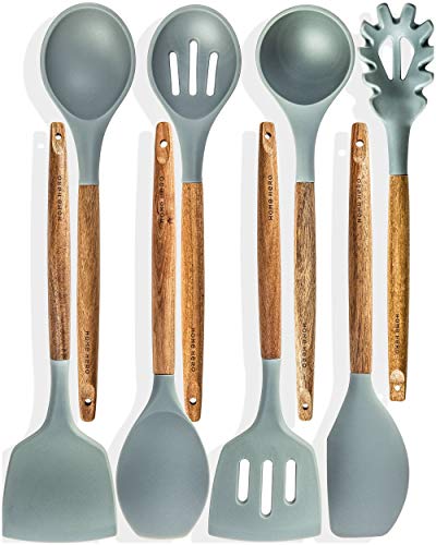 Home Hero Silicone Cooking Utensils Kitchen Utensil Set - 8 Natural Acacia Wooden Silicone Kitchen Utensils Set - Silicone Utensil Set Spatula Set - Silicone Utensils Cooking Utensil Set