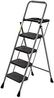 4 Step Ladder Tool Ladder Folding Portable Steel Frame Lightweight for Adults Indoor/Outdoor with Tool Platform Tray Equipment with Anti-Slip Pedal, 330lbs Capacity