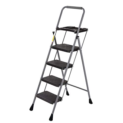 4 Step Ladder Tool Ladder Folding Portable Steel Frame Lightweight for Adults Indoor/Outdoor with Tool Platform Tray Equipment with Anti-Slip Pedal, 330lbs Capacity