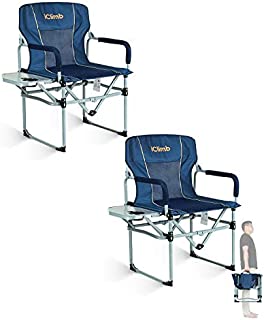 iClimb Heavy Duty Compact Camping Folding Mesh Chair with Side Table and Handle (Navy - 2 PC)