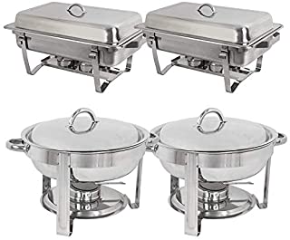 Stainless Steel 2 Round Chafing Dish + 2 Rectangular Chafers W/Water Pan, Food Pan, Fuel Holder and Lid