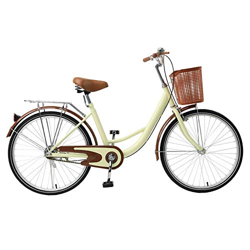 Viribus Single Speed Beach Cruiser Bike, Comfortable Commuter Bicycle, High-Carbon Steel Frame, Front Basket & Bell, Rear Racks (Creamy, 26