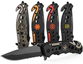 3-in-1 Carbon Fiber Tactical Knife for Emergency First Responders with Glass Breaker, Seatbelt Cutter and Steel Serrated Blade