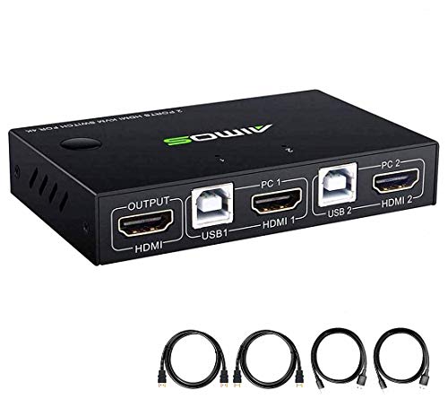 KVM Switch HDMI 2 Port Box, 2 Computers Share one Set Wired or Wireless Keyboard & Mouse and one Monitor, Support UHD 4K@30Hz, Compatible Laptop/PC/PS4/Xbox/HDTV, with HDMI and USB Cables