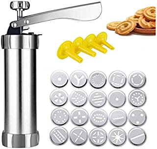 Cookie Press with Stainless Steel Disks Biscuit Press Cookie Gun Set with 20 Discs and 4 Icing Tips for DIY Biscuit Maker and Decoration (Silver)