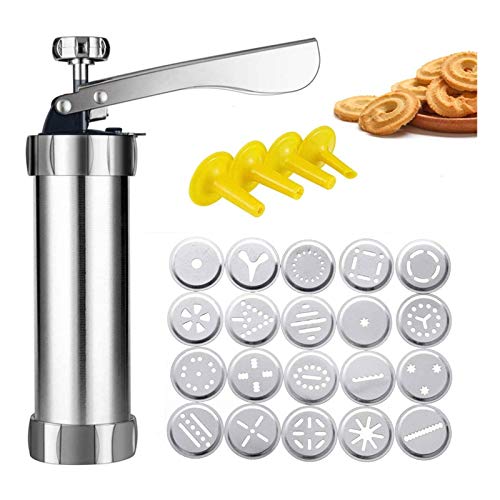 Cookie Press with Stainless Steel Disks Biscuit Press Cookie Gun Set with 20 Discs and 4 Icing Tips for DIY Biscuit Maker and Decoration (Silver)