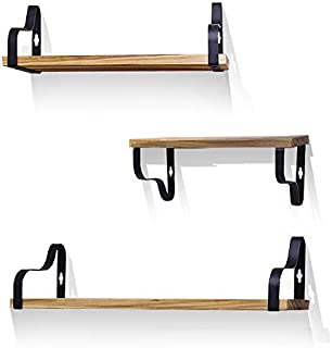 Pine Bathroom Floating Shelves Wall Mounted Set of 3, Rustic Wooden Shelves Metal Brackets Easy to Install for Home Kitchen Bedroom