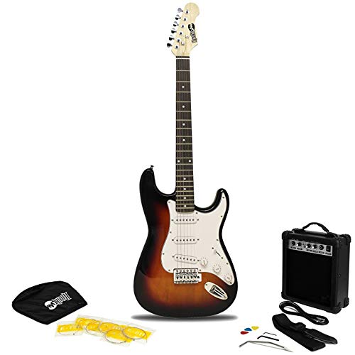 RockJam 6 Electric Kit, Amp, Strings, Bag, Guitar Plectrums, Strap & Whammy Bar. -Sunburst, Right, (RJEG02-SK-SB)