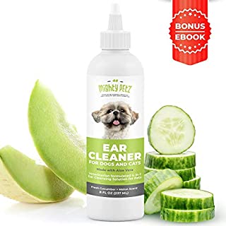 4-in-1 Dog Ear Cleaner  Vet Formulated Cleansing Solution + Aloe Vera for Removing Wax, Debris & Odor in Pets. Supports Infection Prone Ears & Reduces Head Shaking. Fresh Cucumber and Melon, 8 oz