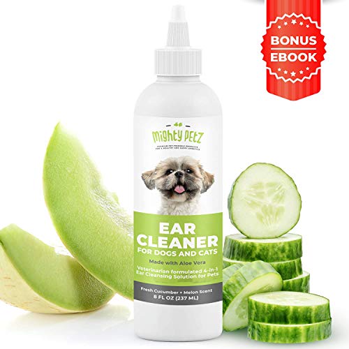 4-in-1 Dog Ear Cleaner  Vet Formulated Cleansing Solution + Aloe Vera for Removing Wax, Debris & Odor in Pets. Supports Infection Prone Ears & Reduces Head Shaking. Fresh Cucumber and Melon, 8 oz