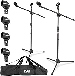 Universal Adjustable Tripod Microphone Stand - Pair of Heavy Duty Lightweight Professional Compact Extendable Stage Studio Floor Standing Boom Mic Holder w/ Carry Bag, 5/8