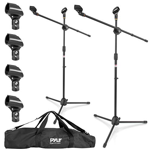 Universal Adjustable Tripod Microphone Stand - Pair of Heavy Duty Lightweight Professional Compact Extendable Stage Studio Floor Standing Boom Mic Holder w/ Carry Bag, 5/8