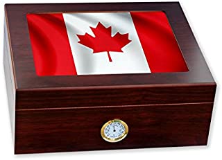 ExpressItBest Premium Desktop Humidor - Glass Top - Flag of Canada (Canadian) - Waves Design - Cedar Lined with humidifier & Front Mounted Hygrometer.