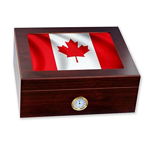 ExpressItBest Premium Desktop Humidor - Glass Top - Flag of Canada (Canadian) - Waves Design - Cedar Lined with humidifier & Front Mounted Hygrometer.