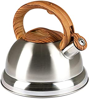 Whistling Tea Kettle with 5 Layer Bottom, 2.4 Quarts, Brushed Stainless Steel - Modern, Polished Tea Pot with Wood Grain Handle for Gas, Electric, Induction, Ceramic Stovetops - Cooktop Kettles