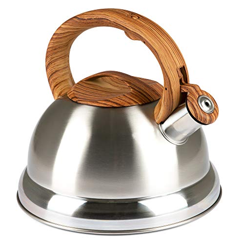 Whistling Tea Kettle with 5 Layer Bottom, 2.4 Quarts, Brushed Stainless Steel - Modern, Polished Tea Pot with Wood Grain Handle for Gas, Electric, Induction, Ceramic Stovetops - Cooktop Kettles