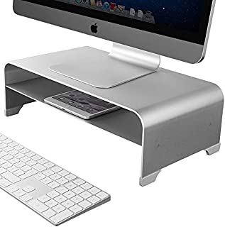 2 Tiers Aluminum Monitor Stand Shelf Riser Metal Desk Stand Base up to 27 inches Screens for PC, Laptop, Computer, iMac, MacBook with Storage Organizer Space for Magic Keyboard & Mouse(Silver