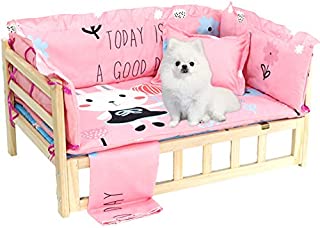 La La Pet Wooden Dog Bed Elevated Pet Sofa Raised Dog Kennel with Fence Pillows Mattress and Bedding for Small Medium Dogs Cats(Pink,XL)